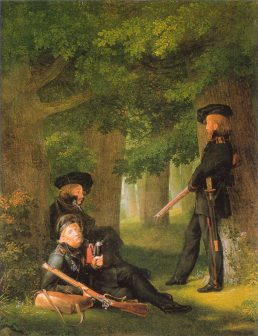 „Auf Vorposten“: Gemälde von Georg Friedrich Kersting. Heinrich Hartmann (liegend, links) Theodor Körner (sitzend, Mitte) und Friedrich Friesen (stehend, rechts) als Lützower Jäger. Foto: CC0, Wikimedia Commons