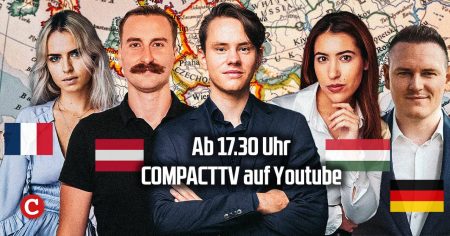 Für Sie morgen am Ball: v.l.n.r.: Danaya Le Guevel (Reconquête), Philipp Huemer (Heimatkurier), Paul Klemm (COMPACT), Nóra Hezam (VDTA), Tomasz Froelich (AfD)