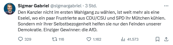 Post von Ex-Minister Sigmar Gabriel (SPD) auf X. Bild: Screenshot X