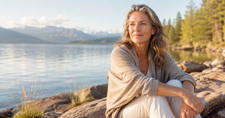Frau sitzt entspannt im warmen Sonnenlicht an einem See – Symbol für Astragalus, Herz, Stoffwechsel, Niere und innere Balance