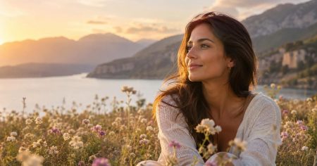 Dieses Fett braucht unser Gehirn Frau sitzt in einer blühenden Wiese im warmen Abendlicht mit Blick auf See und Berge – Symbol für DHA, Omega-3, Gehirnfunktion, Sehkraft und mentale Klarheit