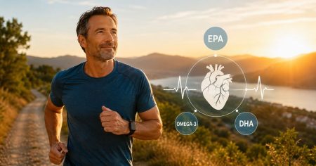 Aktiver Mann läuft im warmen Abendlicht – Symbol für Omega-3, EPA, DHA, Herzgesundheit und einen bewussten Lebensstil