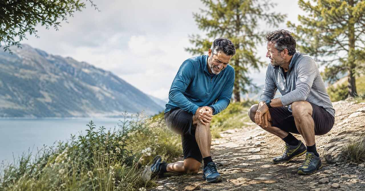 Beweglich bleiben! Aber wie? Zwei Männer im besten Alter bei einer Wanderung, einer hält wegen Beschwerden sein Knie.