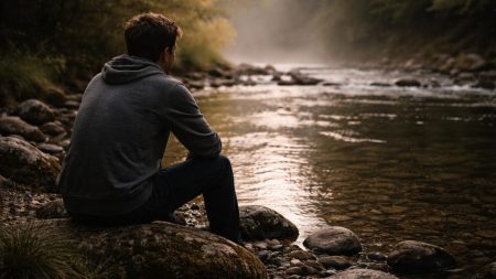 Mann sitzt nachdenklich an einem ruhigen Fluss – Symbolbild für innere Unruhe und Stress