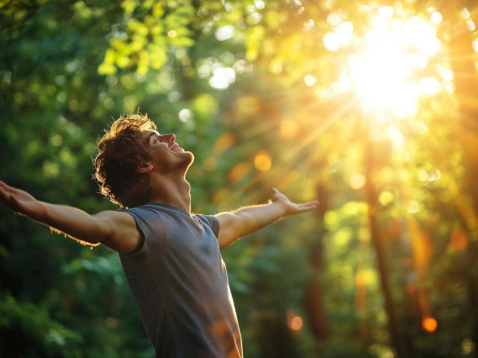 Mann im Sonnenlicht als Symbol für ein starkes Immunsystem und neue Energie