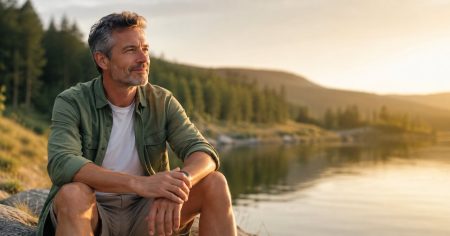 Wenn das Bauchgefühl aus dem Gleichgewicht gerät Mann sitzt entspannt im warmen Abendlicht am See – Symbol für Darmgesundheit, Mikrobiom, Verdauung und Leber-Darm-Achse