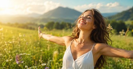 Warum Ihr Herz täglich neue Energie braucht Junge Frau genießt den Sommer auf einer blühenden Wiese im warmen Sonnenlicht – Symbolbild für Herzenergie, Vitalität und Lebensfreude
