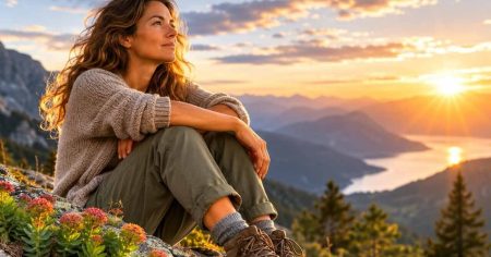 Dauerstress? Diese Wurzel bringt neue Kraft Frau sitzt entspannt im warmen Sonnenlicht in den Bergen – Symbol für Rhodiola Rosea, Dauerstress, innere Ruhe und neue Kraft