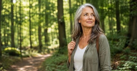 Stille Entzündungen: Wenn der Körper brennt Anmutige mittelalte Frau im Wald, entspannt in der Natur – Symbolbild für gesünderes Altern, Entzündungsbalance und innere Ruhe