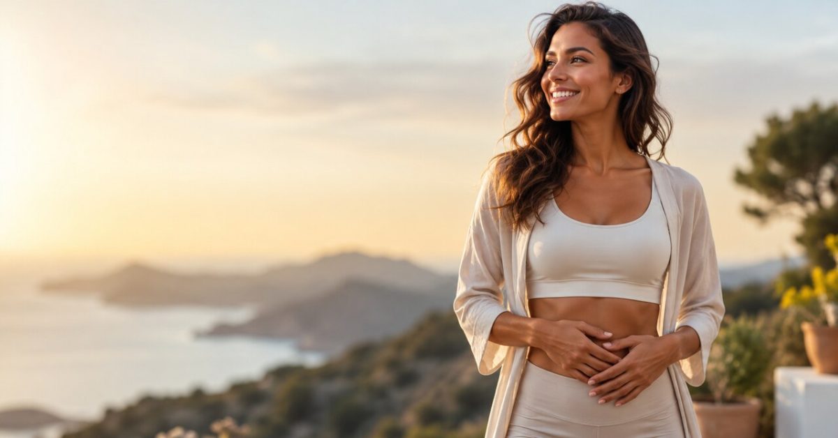 Gesundheit? Der Darm entscheidet mit Entspannte Frau mit den Händen auf dem Bauch – Symbol für Darmgesundheit, Mikrobiom und innere Balance