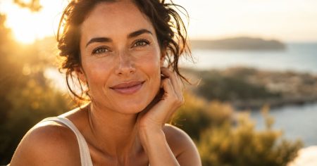 Frau im warmen Sonnenlicht – Symbol für Haut, Augen, Zellschutz und gesundes Altern