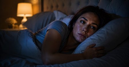 Cortisol: Wenn Stress zur Erschöpfung wird Frau liegt nachts unruhig im Bett – Symbol für Cortisol, Dauerstress, Schlafprobleme, Nervensystem und Erschöpfung