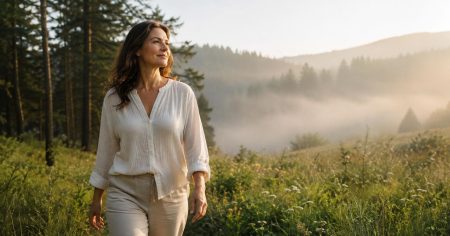Schlaflos vor Stress: Wenn der Körper nicht abschaltet Optimistische Frau in den besten Jahren auf einer Waldwiese im Morgennebel – Symbol für Schlaf, Erholung, innere Ruhe und einen Neuanfang nach stressigen Nächten