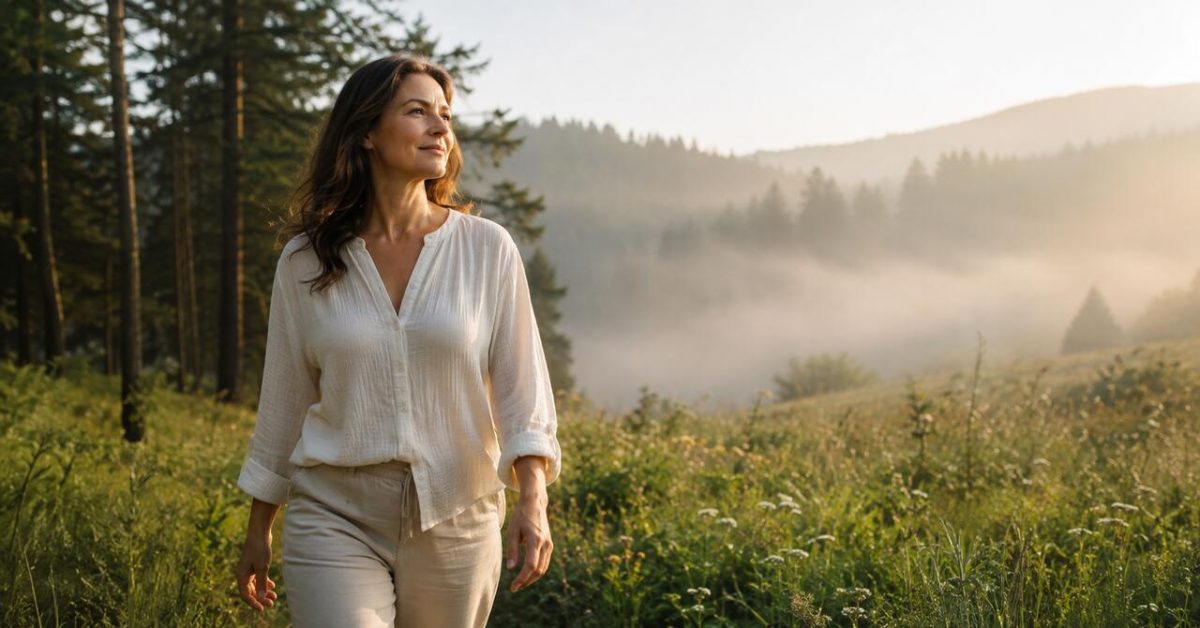 Schlaflos vor Stress: Wenn der Körper nicht abschaltet Optimistische Frau in den besten Jahren auf einer Waldwiese im Morgennebel – Symbol für Schlaf, Erholung, innere Ruhe und einen Neuanfang nach stressigen Nächten