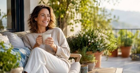 Stark durch fordernde Zeiten Lebensfrohe Frau entspannt mit einer Tasse auf einer sonnigen Terrasse.