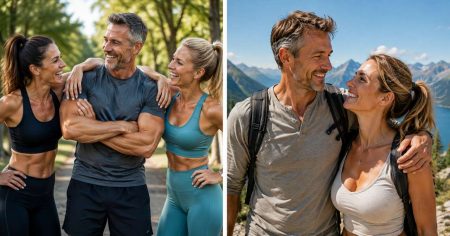 Starke Muskeln, starke Gelenke! Ein sportlicher Mann und zwei aktive Frauen im besten Alter stehen lachend nach dem Training zusammen.