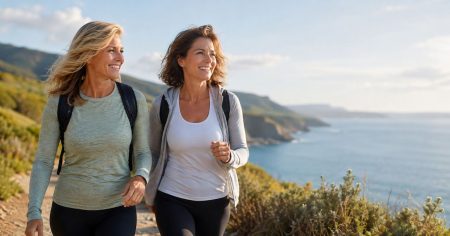 Wenn die Kraft nicht zurückkommt Zwei lebensfrohe Frauen im besten Alter bei einer Wanderung an der Küste.