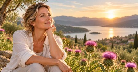 Symbolbild für Lebergesundheit, Mariendistel und Stoffwechsel – Frau in warmer Abendstimmung als Sinnbild für Regeneration und innere Balance