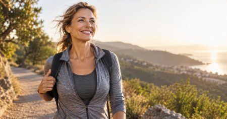 Aktive Frau beim Wandern im Abendlicht – Symbol für Q10, Zellenergie, Leistungsfähigkeit und Regeneration ab 40