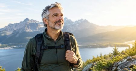 Das Herz braucht ununterbrochen Energie Aktiver Mann beim Wandern in den Bergen – Symbol für Q10, Herzenergie, Ausdauer und Zellkraft