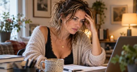 Wenn der Kopf plötzlich nicht mehr mitmacht Erschöpfte Frau am Laptop versucht sich zu konzentrieren – Symbol für Rhodiola, mentale Ermüdung und Fokus