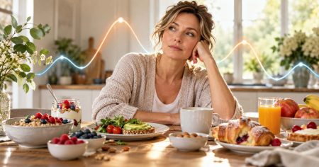 Frau am Frühstückstisch zwischen gesunden Lebensmitteln und süßem Gebäck – Symbol für Blutzuckerschwankungen und Energie