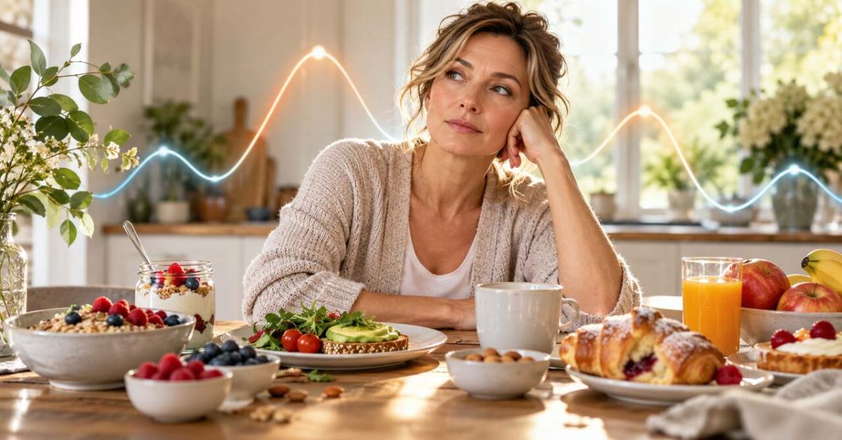 Wenn der Blutzucker Achterbahn fährt Frau am Frühstückstisch zwischen gesunden Lebensmitteln und süßem Gebäck – Symbol für Blutzuckerschwankungen und Energie