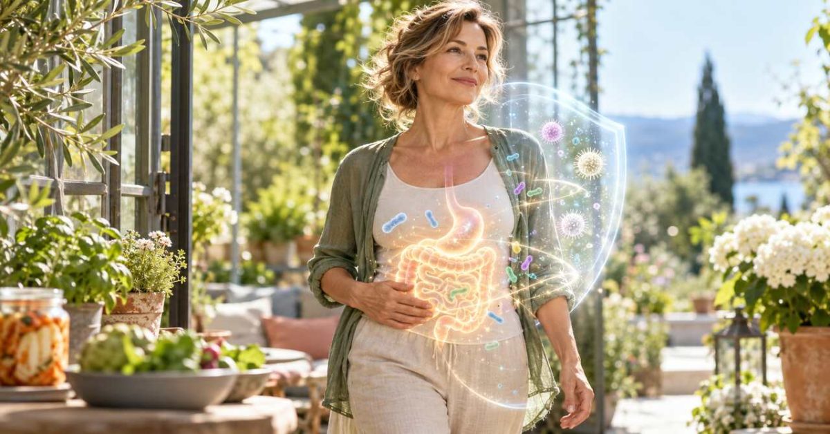 Warum der Darm über unsere Abwehr mitredet Frau mit visualisiertem Darm und Schutzschild – Symbol für Darmgesundheit, Mikrobiom und Immunsystem