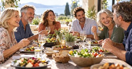 Der Darm kann viel mehr Frauen und Männer verschiedener Generationen beim gemeinsamen Essen – Symbol für Darmgesundheit, Mikrobiom und Wohlbefinden