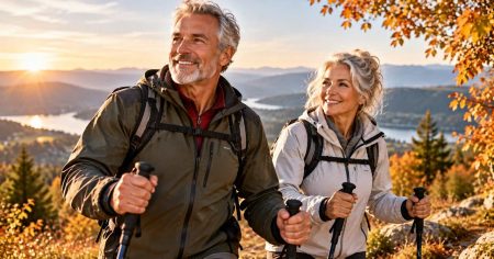 Reiferes Paar beim Wandern mit Stöcken – Symbol für Gefäßgesundheit, Bewegung, Herz und Kreislauf