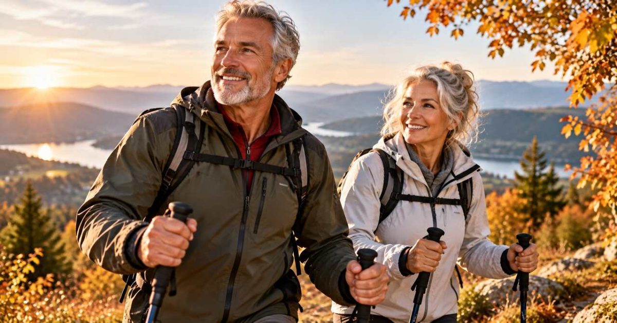 Wenn die Gefäße steifer werden Reiferes Paar beim Wandern mit Stöcken – Symbol für Gefäßgesundheit, Bewegung, Herz und Kreislauf