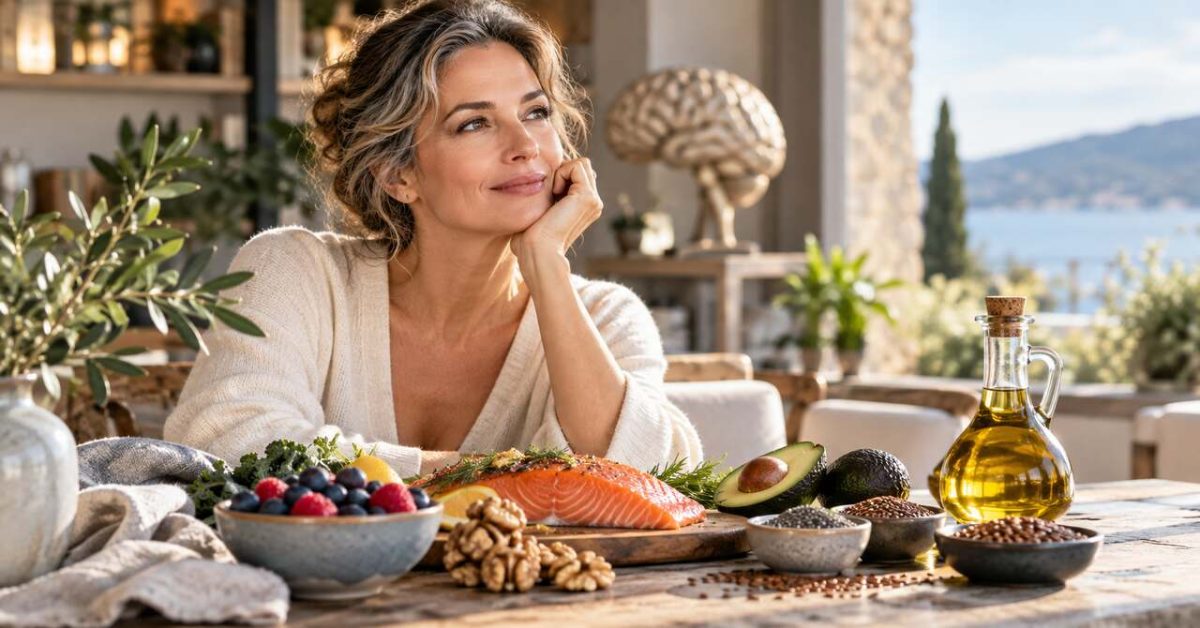 Warum das Gehirn Fett braucht Frau mit Lachs, Avocado, Nüssen und Olivenöl – Symbol für Omega-3, DHA und Gehirngesundheit