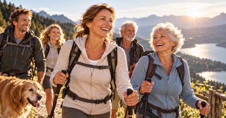 Wenn die Gelenke verschleißen Mehrere Menschen verschiedener Generationen beim Wandern – Symbol für Gelenkgesundheit, Bewegung und Mobilität