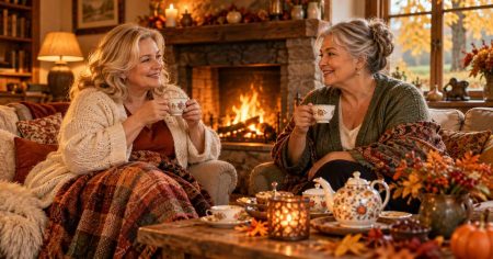 Zwei reifere Frauen trinken Tee am Kamin – Symbol für Immunsystem, Herbst, Regeneration und Wohlbefinden