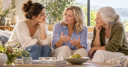 Wenn die Knochen still an Substanz verlieren Drei Frauen unterschiedlichen Alters im Gespräch – Symbol für Knochenstabilität, Vitamin D, K2 und gesundes Altern