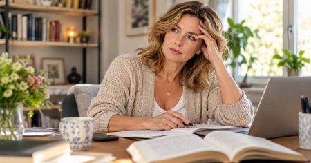 Wenn die Konzentration nachlässt Nachdenkliche Frau am Schreibtisch mit Büchern und Laptop – Symbol für Konzentration, mentale Belastung und Zellenergie