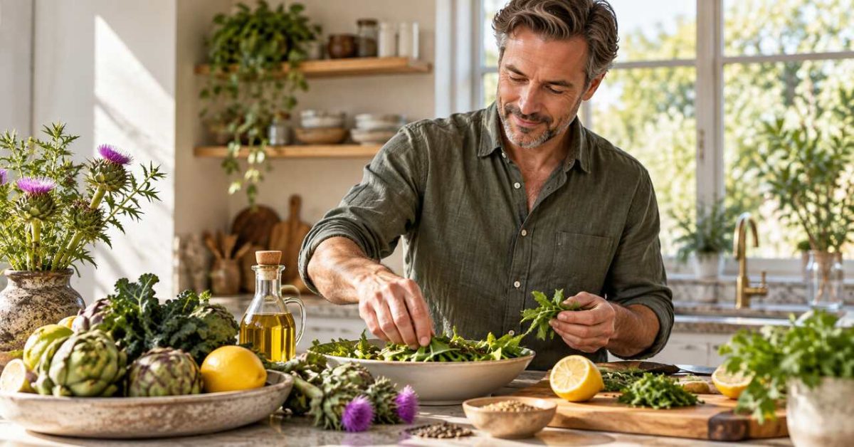 Wenn die Leber Überstunden macht Mann bereitet frischen Salat mit Mariendistel und Artischocke zu – Symbol für Leber, Stoffwechsel und Ernährung