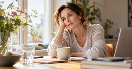 Wenn die Energie nicht zurückkommt Erschöpfte Frau sitzt am Tisch mit Kaffee und Laptop – Symbol für Müdigkeit, Q10 und fehlende Zellenergie