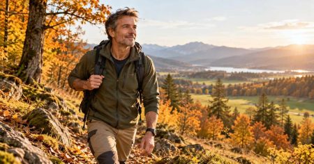 Wenn Entzündungen nicht mehr aufhören Mann mittleren Alters beim Wandern im herbstlichen Wald – Symbol für Bewegung, Stoffwechsel und stille Entzündungen